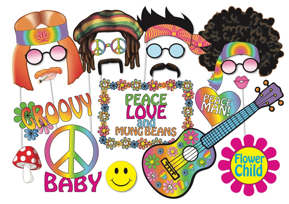 Hippie Party Photo booth Props Set 21 Piece PRINTABLE 60s | Etsy