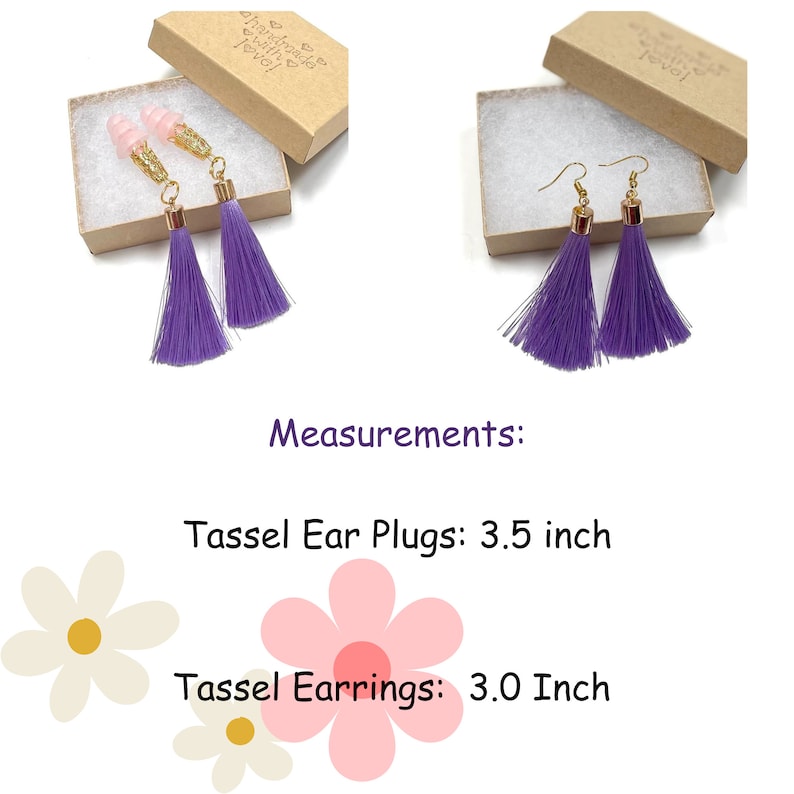 May include: Earrings and earplugs with purple tassels. The earrings have gold-coloured hooks and the earplugs have pink ear tips. The tassel earrings are 7.6 cm long, and the earplugs are 8.9 cm long. Both are displayed in small, open cardboard boxes.