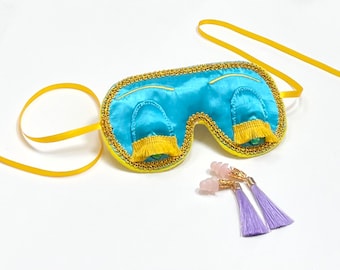 Breakfast at Tiffany's Sömnmask: Blågrön satin, guldfärgad kant, handgjord