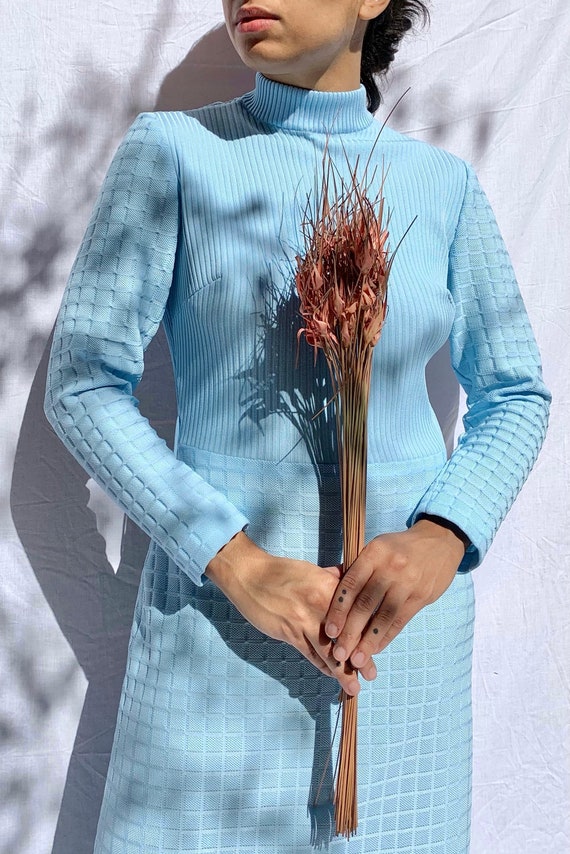 Vintage 1960's Blue Mock Neck Knit Dress
