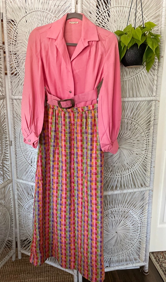 Vintage 1960s Nelly De Grab Pink Plaid Maxi Skirt 