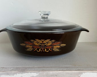 Vintage Anchor Hocking Fire King Casserole Dish with Lid-Teflon Coating- Wheat Pattern - RARE