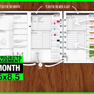 May include: A 3-month small projects management planner with a black and white grid layout. The planner is 5.5 inches by 8.5 inches and includes sections for monthly events, monthly objectives, weekly objectives, weekly event planner, projects scheduler, and daily planner.