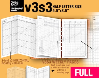 FULL [HALF size v3s3 w/o daily] January to December 2023 -Half Letter Filofax Inserts Printable Binder Planner Midori.