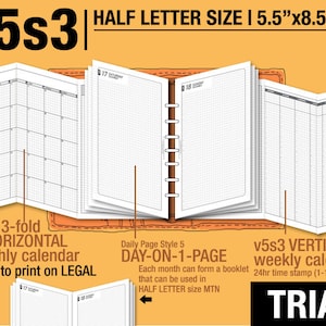 May include: A close-up of a planner with three different layouts: a monthly calendar, a daily calendar, and a weekly calendar. The planner is 14 cm by 21.5 cm and is labelled "v5s3".