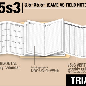 Op de afbeelding: Een notitieboek met maand-, dag- en weekkalenderindeling. Het notitieboek is 8,89 cm x 13,97 cm groot en toont de tekst "LMI V5s3" en "TRIAL". De weekkalender heeft een 24-uurs tijdstempel.