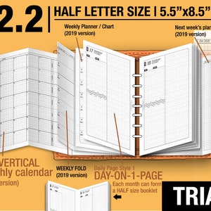 May include: A close-up of a half-letter size planner with a vertical monthly calendar, weekly planner, and daily pages. The planner is open to show the different sections. The planner is labeled "LMI v2.2" and "TRIAL".