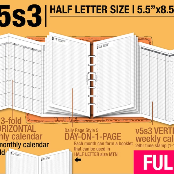 FULL [HALF size v5s3 w ds5 do1p] May 2024 to April 2025 -Filofax Inserts Printable Binder Planner Midori.