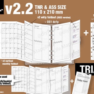 May include: A black and white printable planner design for a vertical monthly foldout and a weekly foldout. The weekly foldout is labeled "v2 wkly foldout (2022 version)" and the monthly foldout is labeled "v2 vertical monthly foldout". The design is for a TN or A5 size planner, which is 110 x 210 mm.