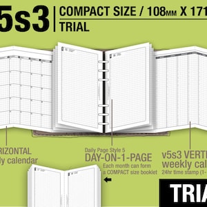 Op de afbeelding: Een planner die open ligt op een maandelijkse kalenderpagina en een wekelijkse kalenderpagina. De planner heeft een zwart-wit rasterpatroon. De tekst "LMI V5s3 TRIAL" staat op de omslag gedrukt. De planner is 108 mm x 171 mm.