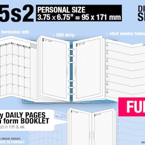May include: A white planner with a black grid pattern. The planner is open to show a monthly calendar, a dotted grid page, and a weekly foldout page. The planner is labeled "V5s2" and is described as "Personal Size 3.75 x 6.75" = 95 x 171 mm". The planner is also labeled "DIYfish SHOP".
