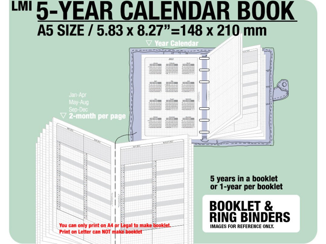 A5 5year Calendar Book / 2024 2025 2026 2027 2028 Inserts Refills