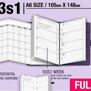 May include: A purple A6 size planner with a monthly calendar and weekly layout. The planner includes space for tracking and note-taking. The text "V3s1" and "FULL" are visible.