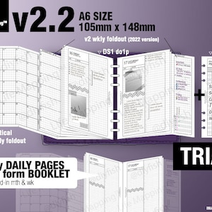 May include: A close-up of a black and white planner with a grid pattern. The planner is open to a weekly spread with the date "17 Saturday" printed at the top. The planner is labeled "v2.2 A6 SIZE 105mm x 148mm v2 wkly foldout (2022 version) DS1 do1p". The text "only DAILY PAGES can form BOOKLET w tipped-in mth & wk" is printed below the planner.