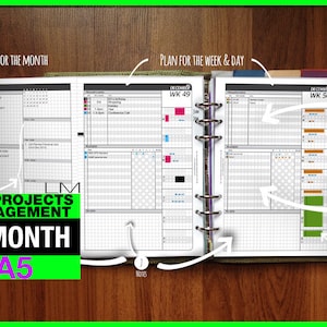 May include: A three-month A5 planner with a green cover and a white interior. The planner is divided into sections for monthly, weekly, and daily planning. The planner also includes sections for projects and events. The planner is designed to help you manage your time and stay organized.