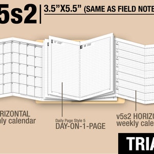 Peut inclure: Un carnet avec trois styles de pages différents : un calendrier mensuel, une page quotidienne et un calendrier hebdomadaire. Le carnet mesure 8,89 cm x 13,97 cm et porte la mention "LMI V5s2". Les pages ont un motif quadrillé.