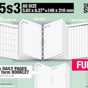 May include: A white A5 size planner with a black cover and the text "LMI V5s3" in large black letters. The planner is open to show the different sections: a monthly calendar, a daily planner, and a weekly planner. The text "DIYfish SHOP" is in the top right corner of the image. The text "only DAILY PAGES can form BOOKLET w tipped-in mth & wk" is in the bottom left corner of the image. The text "FULL" is in the bottom right corner of the image.