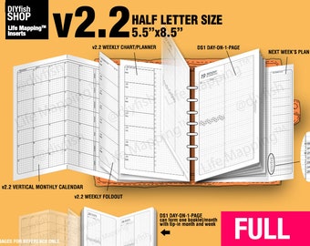 FULL [HALF size v2.2 w ds1 do1p] Mai 2024 bis April 2025 - Filofax Einlagen Refills Printable Binder Planner Midori.