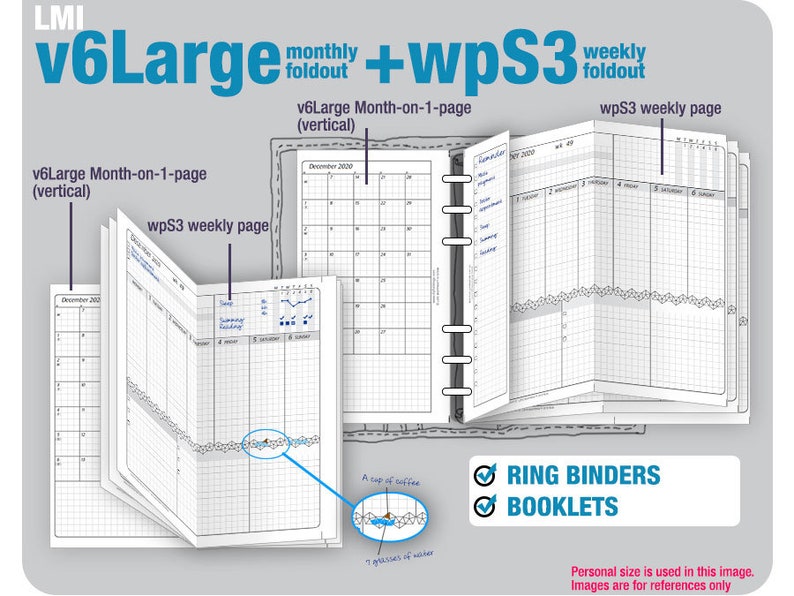 V6large month-on-1-page wpS3 weekly pages / Life Mapping Components Filofax Inserts TN Printables Binder Planner Midori image 1