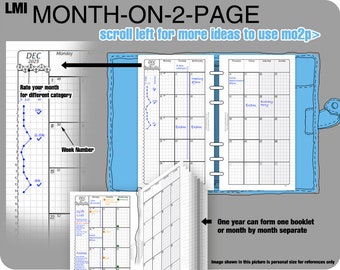 month-on-2-page (MO2P) Monday start - Filofax Inserts Refills Printable Binder Planner.