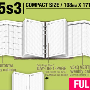 May include: A close-up of a planner with a black and white grid pattern. The planner is open to a monthly calendar page and a weekly calendar page. The monthly calendar page is labeled "December". The weekly calendar page is labeled "V5s3 VERTICAL weekly calendar". The planner is labeled "LMI V5s3 COMPACT SIZE/108mm X 171mm".