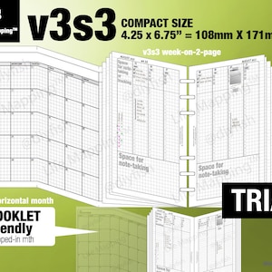 May include: A black and white planner with a monthly calendar view and a weekly view. The planner is labeled "v3s3" and is described as "compact size" with dimensions of 4.25 x 6.75 inches or 108mm x 171mm. The planner is also labeled "week-on-2-page" and "trial".