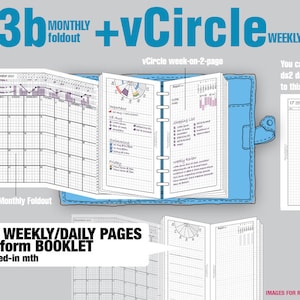 V63b mensile pieghevole + vCircle settimanale su 2 pagine / Componenti per la mappatura della vita - Inserti Filofax TN Printables Binder Planner Midori