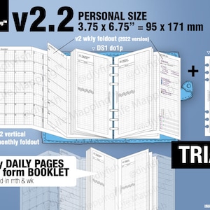 May include: A close-up of a blue and white planner with the text "DIYfish SHOP Life Mapping™ Inserts" and "v2.2 PERSONAL SIZE 3.75 x 6.75" = 95 x 171 mm". The planner is open to show the daily pages and a weekly chart/planner.