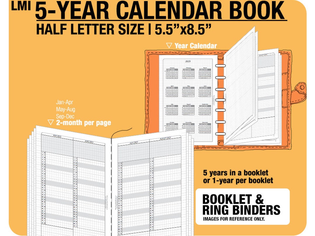 Half Letter 5year Calendar Book 2024 2025 2026 2027 2028 Inserts