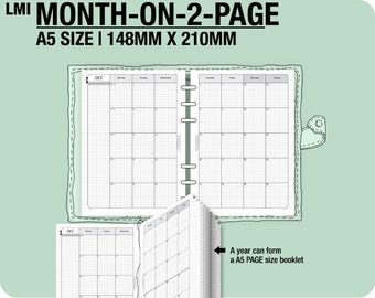 A5 / MO2P January to December 2024 / month-on-2-page MON - Filofax Inserts Refills Printable Binder Planner.
