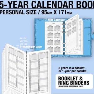 May include: A light blue personal-size 5-year calendar book, 3.74 inches by 6.73 inches, with a ring binder. The calendar displays a 2-month per page layout. Text includes "LMI 5-YEAR CALENDAR BOOK" and "BOOKLET & RING BINDERS."