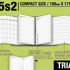 May include: A close-up of a planner with a green cover. The planner is open to a monthly calendar page and a weekly calendar page. The text "LMI V5s2 COMPACT SIZE/108mm X 171mm" is printed on the cover. The text "v3 HORIZONTAL monthly calendar" is printed below the monthly calendar page. The text "Daily Page Style 5 DAY-ON-1-PAGE Each month can form a COMPACT size booklet" is printed below the weekly calendar page. The text "V5s2 VERTICAL weekly calendar 24hr time stamp (1-12-12)" is printed below the weekly calendar page. The text "TRIAL" is printed in large letters below the weekly calendar page.