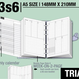 Puede incluir: Un planificador azul y blanco abierto en una página semanal con una disposición de cuadrícula. El texto "LMI V3S6 A5 SIZE I 148MM X 210MM" y "WEEK-ON-2-PAGE" está impreso en la portada. El texto "TRIAL" está impreso en letras grandes en la esquina inferior derecha de la imagen.