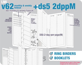 V62 monatliche und wöchentliche Faltblätter mit DS5 2-Tage-pro-Seite(M) / Life Mapping-Komponenten – Filofax Inserts TN Printables Binder Planner Midori