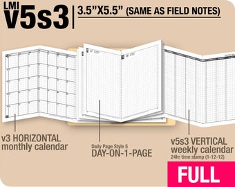 May include: A close-up of a planner with a black and white grid pattern. The planner is open to a page with a monthly calendar on the left and a weekly calendar on the right. The planner is labeled "V5s3" and is 3.5 inches by 5.5 inches.