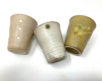 Cup Trio — vintage ombré three handmade pottery brown beige cream green candle neutral MCM midcentury neutral handmade retro home decor gift