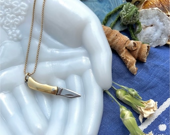 Chayim Necklace — small 1” brass pocket knife minimalist long golden chain protection warning preventative safety warrior unisex