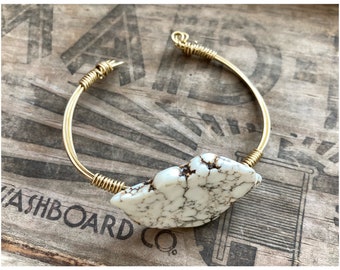 Nepal Cuff — wire-wrapped bangle, bone white magnesite slab stone, semi-precious boho minimalist adjustable nashville unisex