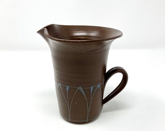 Little Brown Pitcher — handmade 1970s pottery vessel clay wheel blue accents vintage antique home decor boho adorable