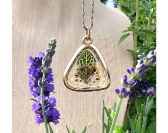 Ilja Necklace — resin, organic freeform alloy triangle, pressed foraged leaves wildflower botanical leaf weeds lightweight, Tennessee green