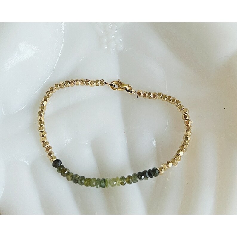 Vert Heirloom faceted green tourmaline gold-plated beads bracelet tiny petite boho durable stacking arm candy feminine dainty Slytherin image 1