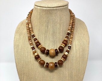 Long 1970s Graduated Beads Necklace: wood statement vintage natural timeless boho retro MCM upcycle thrifted joy layer lightweight neutral