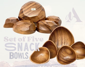 Wooden Snack Bowls — vintage set 5 five faceted gem stone smooth neutral MCM midcentury modern neutral retro home wood natural organic style