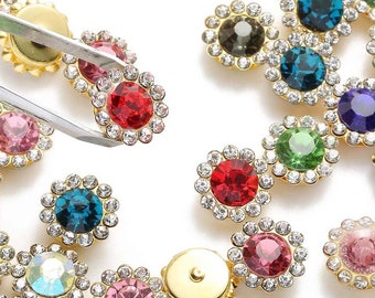 20 Pcs 12mm Gold Plated Rhinestone Sunflower Buttoms, Sew on, Glue On, Connected Dangle, Stringing., etc.