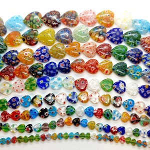 15&quot; Strand of Multi-Color Millefiori Lampworked Glass Heart Beads 6mm~22mm by Beading Station