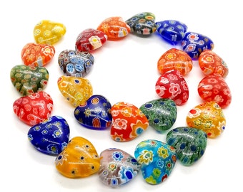 15" Strand of Multi-Color Millefiori Lampworked Glass Heart Beads 6mm~22mm by Beading Station