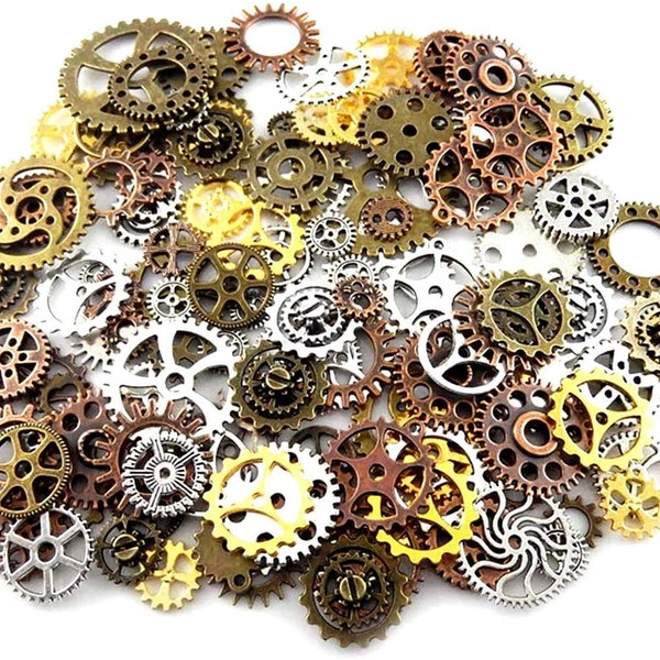 100 Gram Assorted Color Antique Metal Steampunk Gears Charms Pendant Wheel Gear for Crafting, Jewelry Making & Decorated. by Beading Station