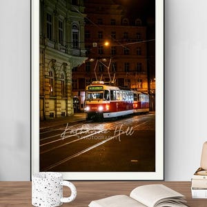 Prague Tram Print: Night Street Photography, Czechia Art