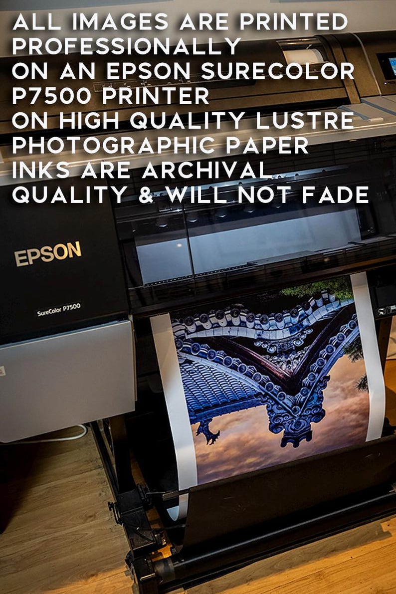 May include: An Epson SureColor P7500 printer is shown, printing a detailed image on high-quality lustre photographic paper. The text on the image states that the inks are archival quality and will not fade. The image being printed is of a detailed architectural structure.