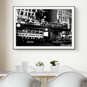 NYPD Times Square Black & White Photo Print, NYC Wall Art, Modern Home Decor, Urban Landscape, USA, Manhattan Neon Lights, USA18